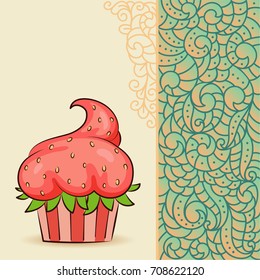 Sweet cupcake look like strawberry on card with doodle boho pattern. Ideal for posters, advertisements, announcements, labels, banner, menu for cafe and restaurants. Vector illustration