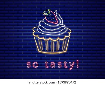 Sweet cupcake neon symbols Vector. Glowing sign dark background. Shinning billboard or menu templates