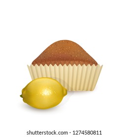 Sweet cupcake on white background, cake of lemon flavor, Concept about birthday wish. Lovely dessert for celebration. Realistic Vector illustration