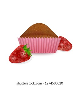 Sweet cupcake on white background, cake of strawberry taste, Concept about birthday wish. Lovely dessert for celebration. Realistic Vector illustration