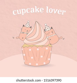 sweet cupcake pastel pink with cats lover.bakery product yummy cover banner paper wall background.desset cafe happy time.party celebration cute card design.pastry creamy food poster homemade object.