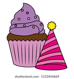 sweet cupcake pastry with party hat