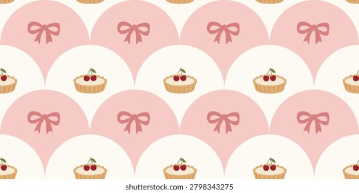 Sweet cupcake pattern with pink and white backgrounds and bow accents perfect for bakery and celebration themes