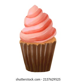 Sweet cupcake with pink cream painted in watercolor, vector illustration