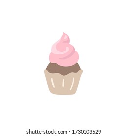 Sweet cupcake with pink frosting. Beige and pastel pink colors. Coffee break party element in flat cartoon style. Great for shop menu, print, branding, sticker, logo for business and personal projects