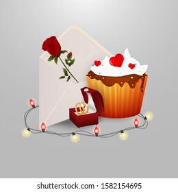 sweet cupcake postal envelope with rose flower ring box garland with light bulbs on gray insulating background for decoration design vector EPS 10