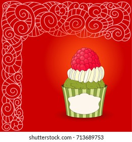 Sweet cupcake with raspberry on card with doodle boho pattern. Ideal for posters, advertisements, announcements, labels, banner, menu for cafe and restaurants. Vector illustration