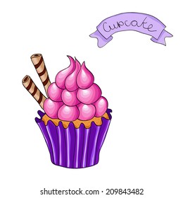 Sweet cupcake and ribbon banner. Hand drawn vector illustration.