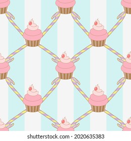 Sweet Cupcake  seamless pattern Vector on striped background.