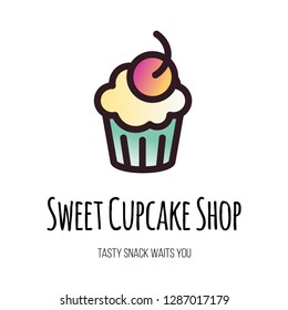 Sweet Cupcake Shop Flat Vector Logo Design. Flat Confectionery, Pastry, Muffin Store Sign Concept