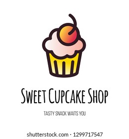 Sweet cupcake shop flat vector logo design. Isolated outline confectionery store sign concept