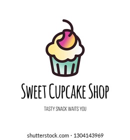 Sweet cupcake shop flat vector logo design. Isolated outline confectionery store sign concept