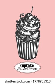 Sweet cupcake silhouette style vector illustration design. Cute hand drawn dessert in black outline and white plane on pink background.
