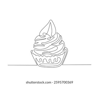 Sweet cupcake simple outline illustration. Continuous line drawing of muffin cake. 