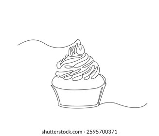Sweet cupcake simple outline illustration. Continuous line drawing of muffin cake. 
