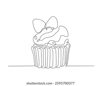 Sweet cupcake simple outline illustration. Continuous line drawing of muffin cake. 