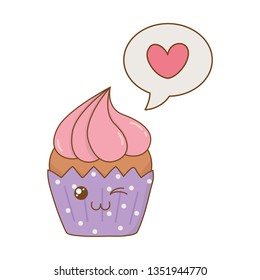 sweet cupcake with speech bubble heart kawaii character