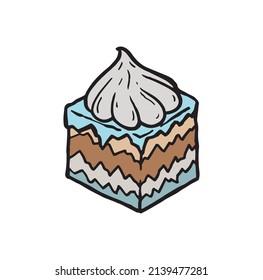 Sweet cupcake in square shape, hand drawn colored outline illustration. Cute candy with cream on top, pen drawing pastry. Lovely delicious creamy dessert made from cake. Candy silhouette detail sign.