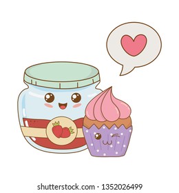 sweet cupcake with strawberry jam kawaii characters