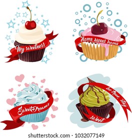 Sweet Cupcake vector ClipArt Set of 4 vector images of cupcakes with red ribbons for your creativity