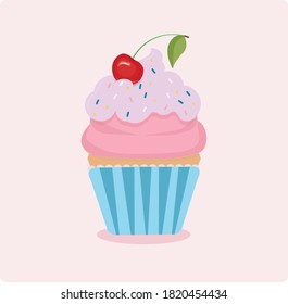 sweet cupcake vector illustraition with a cherry on top. Creamy cute dessert isolated on light pink background