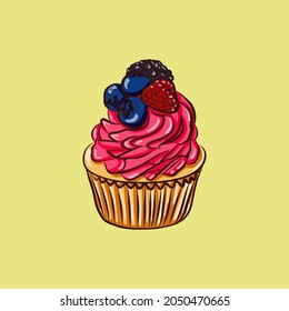 Sweet cupcake vector illustration. Bright colored vanila cupcake with strawberry whipped cream filling and fresh raspberry and blueberries on the top. Cartoon style dessert on the yellow background.