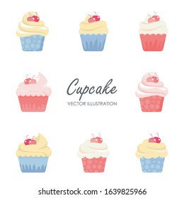 Sweet Cupcake vector illustration isolated on white background. Sweets muffins and cream with flat vector Illustration of cupcake with Cherry