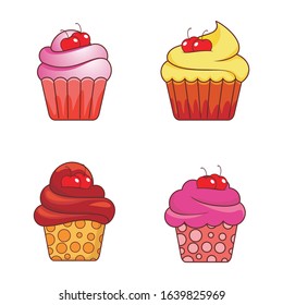 Sweet Cupcake vector illustration isolated on white background. Sweets muffins and cream with flat vector Illustration of cupcake with Cherry