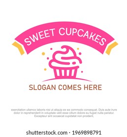 Sweet Cupcake Vector logo design with pink and yellow dots. kids Pink Cupcake illustration design. Cupcake Bakery logo