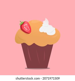 Sweet cupcake vector with strawberry and cream isolated on pink background. Cartoon tasty cupcake in pink colors.