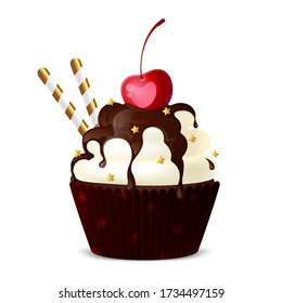 Sweet cupcake with white icing and dark chocolate. berry decoration cherry, wafer tubes. White background 