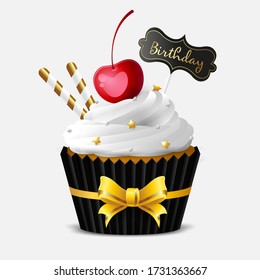 Sweet cupcake with white icing waffle tubes and ripe cherry on a white background 