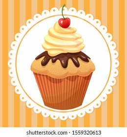 Sweet cupcake with yellow cream and cherry, vector illustration