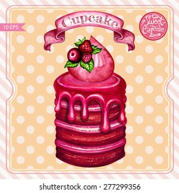 Sweet cupcake for your design. Vectorized watercolor drawing. Hand drawn sweet cake. Vintage poster design. Design for party. Fresh Idea for restaurant and cafes. Vector abstract background. Isolated