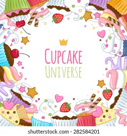 Sweet cupcakes background. Colorful illustration. Good for menu catalog cover design.
