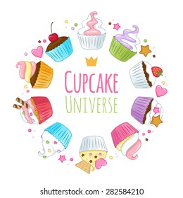 Sweet cupcakes background. Colorful illustration. Good for menu catalog cover design.
