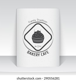 Sweet Cupcakes. Bakery baking. Cafes and eateries. The food and service. Old school of vintage label. Sheet of white paper. Monochrome typographic labels, stickers, logos and badges. Flat illustration
