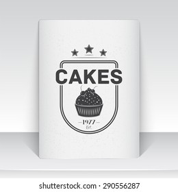 Sweet Cupcakes. Bakery baking. Cafes and eateries. The food and service. Old school of vintage label. Sheet of white paper. Monochrome typographic labels, stickers, logos and badges. Flat illustration