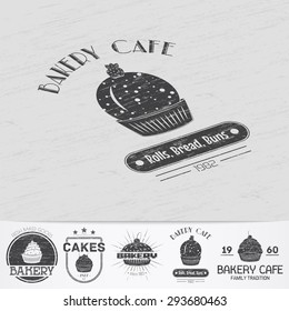 Sweet Cupcakes. Bakery baking. Cafes and eateries. The food and service. Old retro vintage grunge. Scratched, damaged, dirty effect. Monochrome typographic labels, stickers, logos and badges.