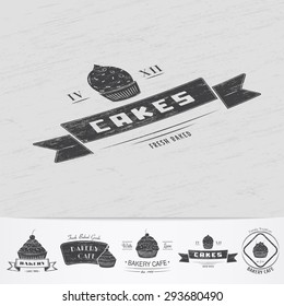Sweet Cupcakes. Bakery baking. Cafes and eateries. The food and service. Old retro vintage grunge. Scratched, damaged, dirty effect. Monochrome typographic labels, stickers, logos and badges.