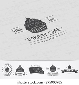 Sweet Cupcakes. Bakery baking. Cafes and eateries. The food and service. Old retro vintage grunge. Scratched, damaged, dirty effect. Monochrome typographic labels, stickers, logos and badges. 
