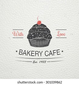 Sweet Cupcakes. Bakery baking. Cafes and eateries. The food and service. Old retro vintage grunge. Scratched, damaged, dirty effect. Labels, stickers, logos and badges. Flat vector illustration