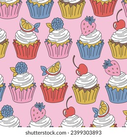 Sweet cupcakes with berries and fruits on top vector seamless pattern. Groovy food background.