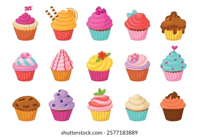 Sweet cupcakes. Chocolate vanilla cupcake with creamy hats and berries. Cartoon sweet bake desserts, isolated tasty muffins neoteric vector clipart