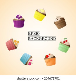 Sweet cupcakes circle background. Vector.