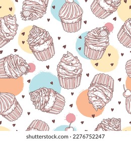 Pasteles dulces coloridos sin costura patrón para la decoración de los niños café con muffins con crema de mantequilla y bayas ilustración vectorial