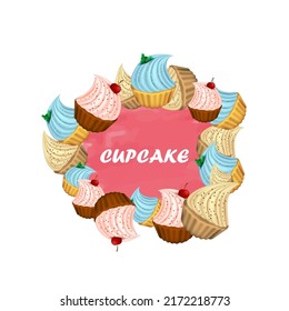 Sweet cupcakes with a cream cap on top. Festive and tasty postcard.