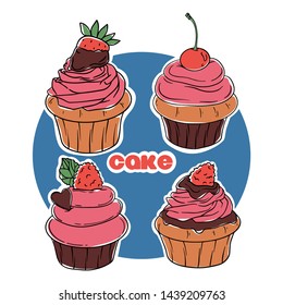 Sweet cupcakes with cream, strawberries, raspberries, cherries, chocolate