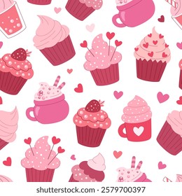 Sweet cupcakes and drinks love pattern. Sweet food background for valentine s day. Pink colors, romantic theme. White background.