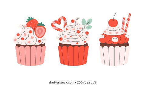 Sweet cupcakes with festive toppings. Valentines Day cupcakes. Vector illustration in flat style